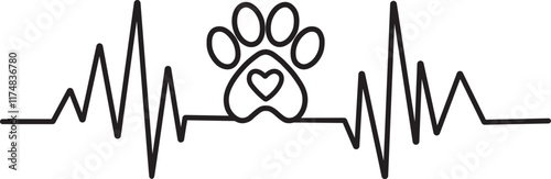 Pet lover heartbeat with paw print and hearts symbolizing cat and dog love