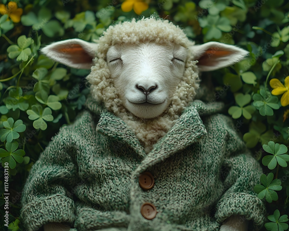 Sheep in Woolen Pajamas Lying in Clover Field with Dreamy Expression Sheep in Woolen Pajamas Lying in Clover Field with Dreamy Expression
