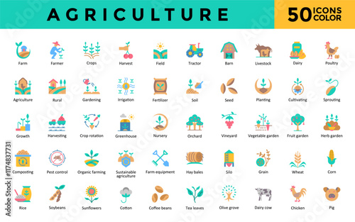 Agriculture icons set with farm, farmer, crops, harvest, field, tractor, barn, livestock, dairy, poultry icon. Simple flat color vector 
