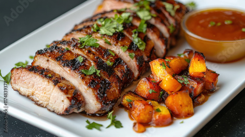Grilled Pork Tenderloin Slices Accompanied by Roasted Vegetables and Tangy Sauce on a White Plate for Culinary Presentation and Food Photography