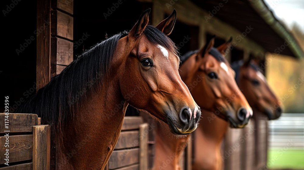 Fototapeta premium Majestic Horses in a Wooden Stable
