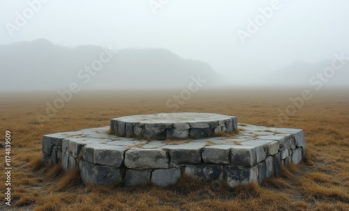 Mysterious stone platform in foggy landscape photo