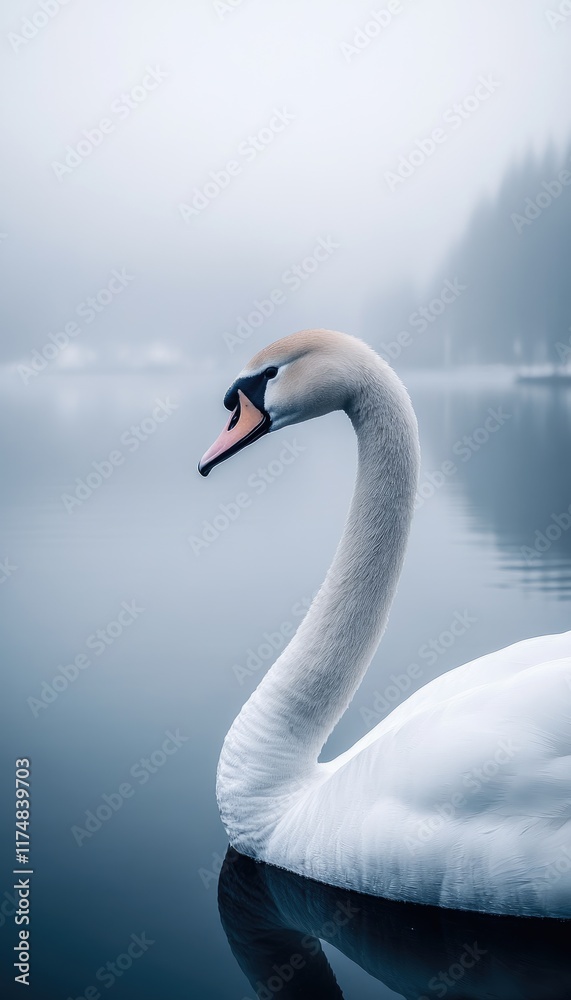 Fototapeta premium A serene swan gliding through a misty lake, capturing tranquility and nature's beauty.