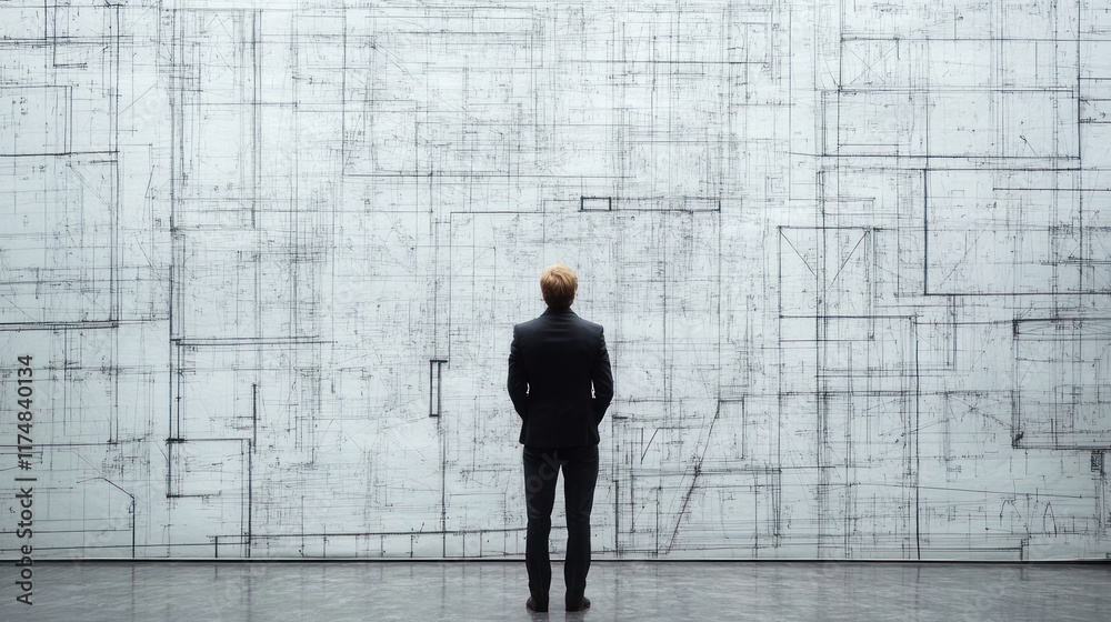 Contemplating Architectural Designs: A Man Stands Before a Large-Scale Blueprint Contemplating Architectural Designs: A Man Stands Before a Large-Scale Blueprint