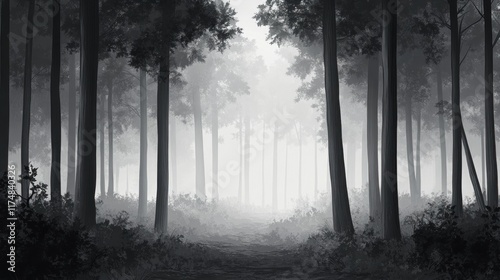 Monochrome forest path shrouded in dense fog, creating a mysterious and serene atmosphere.