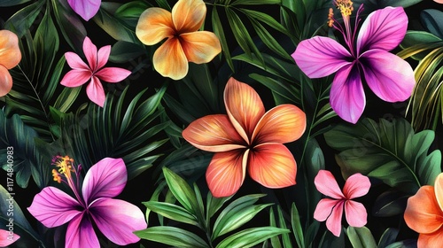 Vibrant Tropical Flowers and Lush Green Leaves Pattern
