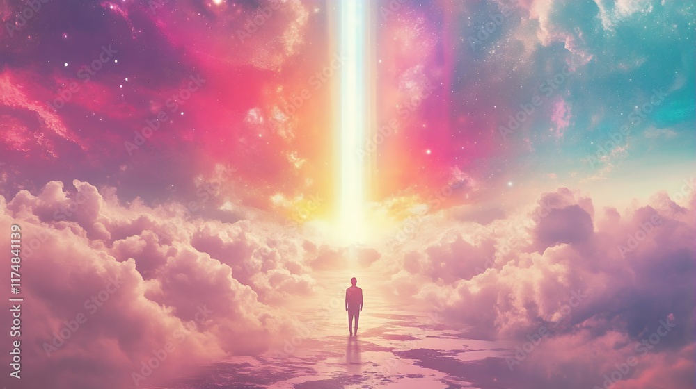 Fototapeta premium Surreal Man Walking Towards Celestial Light Beam in Dreamy Cloudscape