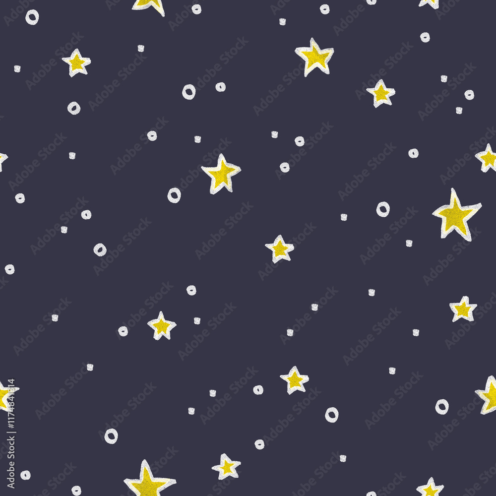 Seamless pattern of stars child's hand-drawn with yellow-white crayons and pencils Seamless pattern of stars child's hand-drawn with yellow-white crayons and pencils