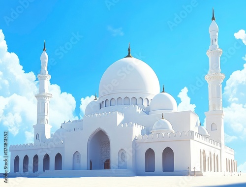 Wallpaper Mural Photograph of a white Islamic mosque building with domes and minarets against a blue sky background, in a minimalist style. This image was the winner of a stock photo contest Torontodigital.ca