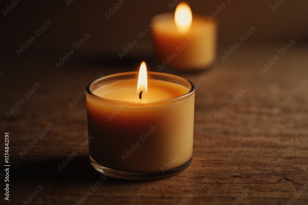 Lit Candles on Wooden Surface: A Serene Atmosphere Lit Candles on Wooden Surface: A Serene Atmosphere