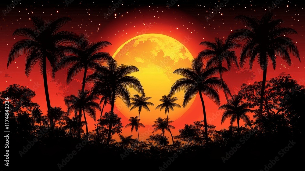 Obraz premium Blood Red Moon Rising Over Silhouetted Palm Trees and Tropical Landscape