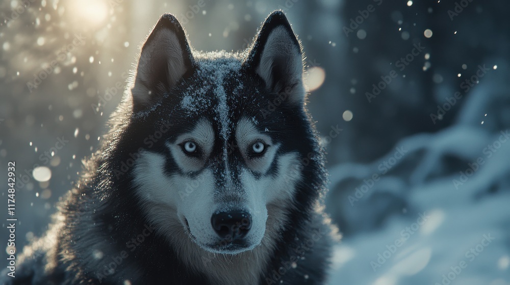 Close-up of a majestic black and white husky with striking blue eyes, surrounded by soft falling snow. Close-up of a majestic black and white husky with striking blue eyes, surrounded by soft falling snow.