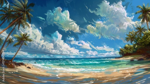 Serene Tropical Beach with Lush Palms and Vibrant Ocean Waves Under a Clear Blue Sky