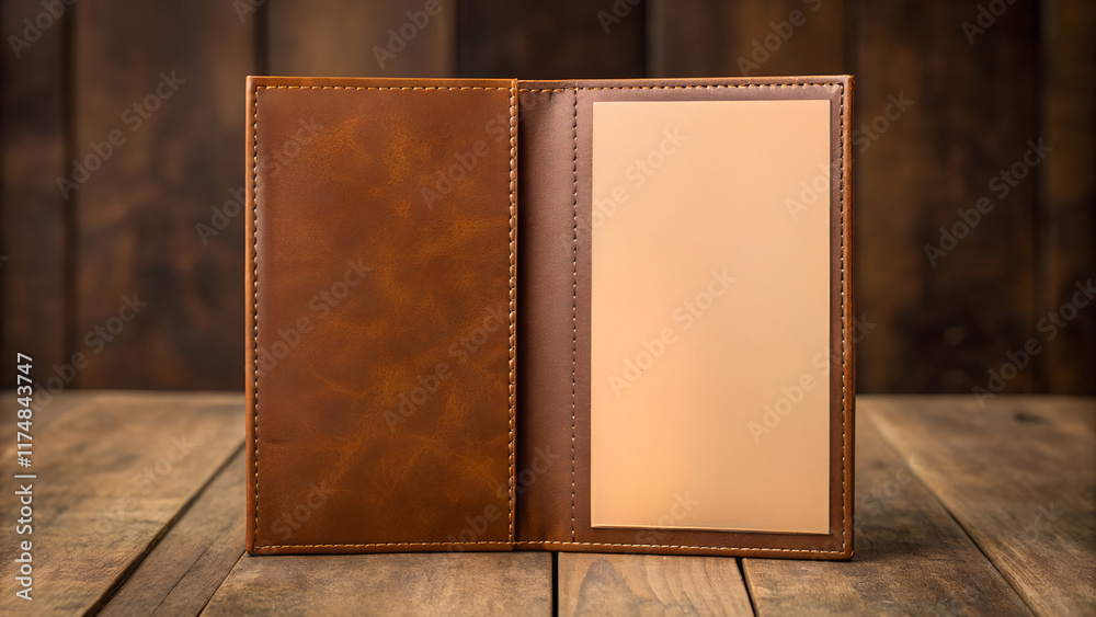 Fototapeta premium A vertical brown leather menu mockup standing upright on a rustic wooden surface. Perfect for showcasing restaurant menu designs in a professional presentation.