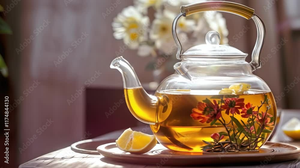 A table with a teapot, cups, and flowers. The teapot is on a white plate and the cups are on a saucer. The flowers are in vases and there is a lemon on the table