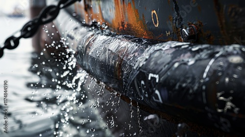 Close-up of Rusted Ship Hull with Water Splashes and Chain Details