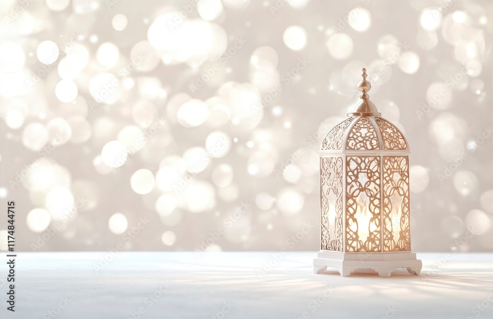 Ramadan background, in a color of white with ample copy space for text or graphics, featuring an elegant lantern and subtle geometric patterns symbolizing Islamic art. Soft focus on the left side Ramadan background, in a color of white with ample copy space for text or graphics, featuring an elegant lantern and subtle geometric patterns symbolizing Islamic art. Soft focus on the left side