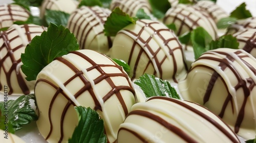 Artistic White Chocolate Dessert with Mint Leaves in Geometric Patterns