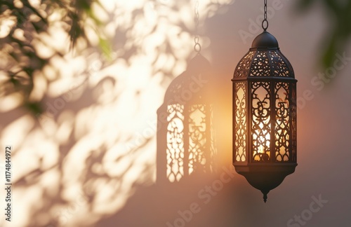 Ramadan background, in a color of white with ample copy space for text or graphics, an elegant Arabic lantern at the side with light and shadow, soft lighting creating gentle shadows under a warm glow photo