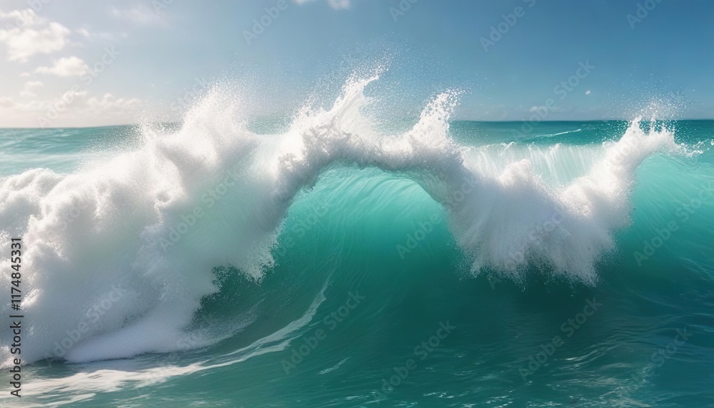 White foamy water crashing on tropical turquoise wave, beach, nature White foamy water crashing on tropical turquoise wave, beach, nature