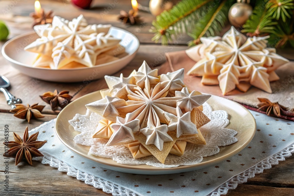 Winter wonderland feast captured through delicate snowflake paper, creating magical food photography. Winter wonderland feast captured through delicate snowflake paper, creating magical food photography.