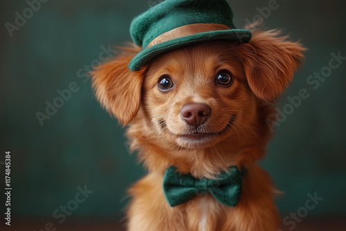 Happy dog celebrating St. Patrick's Day, close-up. A young dog in a leprechaun hat. St. Patrick's Day theme concept photo