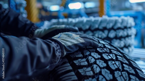 Mechanic Handling Heavy Duty Tires in Industrial Setting