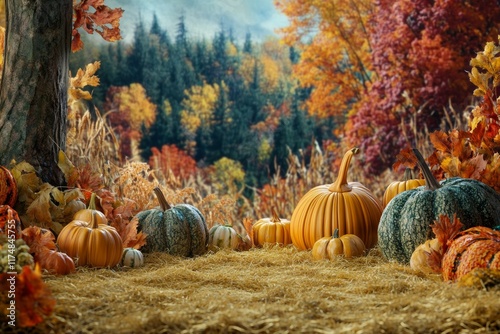 Autumn Landscape with Colorful Pumpkins and Fall Foliage photo