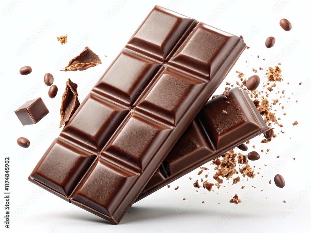 Floating Broken Chocolate Bar Dessert Snack - Isolated Background, Sweet Treat, Food Photography Floating Broken Chocolate Bar Dessert Snack - Isolated Background, Sweet Treat, Food Photography