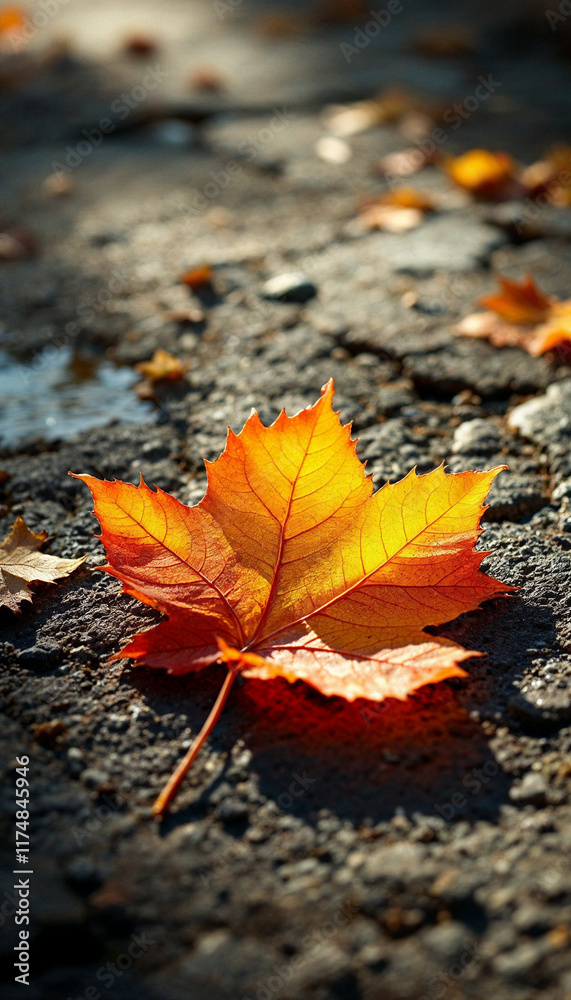 Golden autumn leaf resting on sunlit asphalt street scene Golden autumn leaf resting on sunlit asphalt street scene