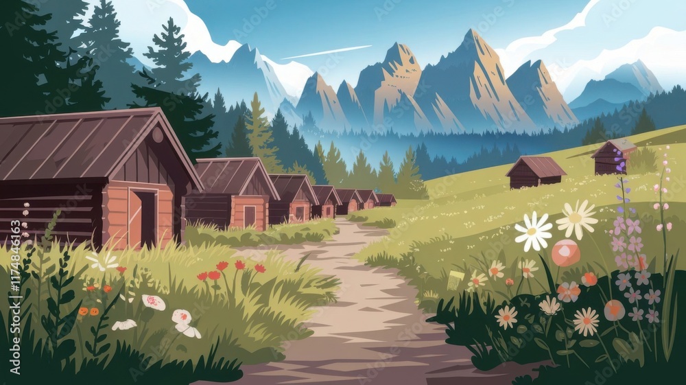 Illustration of a wildflower meadow with a hiking path leading to wooden huts and towering mountains. Illustration of a wildflower meadow with a hiking path leading to wooden huts and towering mountains.