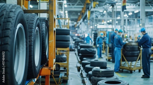 Tire Manufacturing Plant with Workers and Machinery in Motion