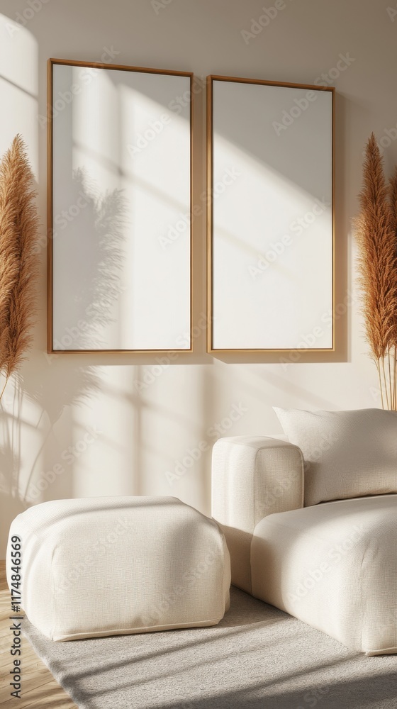 Fototapeta premium Minimalist interior with two blank frames in a Scandinavian design, featuring light colors and natural elements like dried pampas grass.