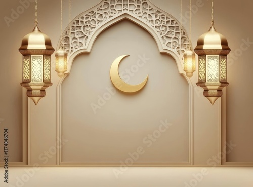 Ramadan background, with ample copy space for text and graphics, a beautiful lantern at night, a crescent moon, a soft-colored sky, and an elegant design. photo