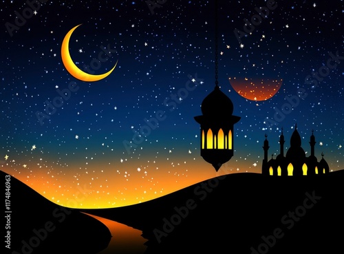 Ramadan background, with ample copy space for text and graphics, night sky view with crescent moon, traditional lantern glowing softly in the foreground, capturing an atmosphere of serenity and spirit photo