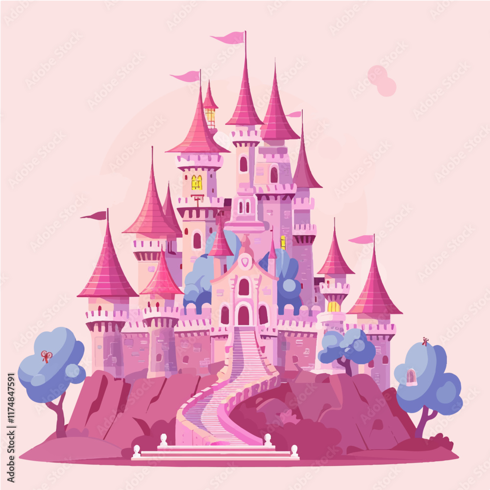 Naklejka premium Vector illustration fairytale princess castle, illustration for a book, postcard