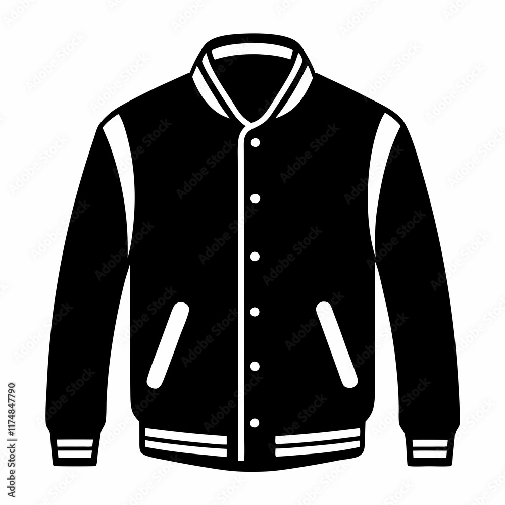 Simple Varsity Jacket Black Silhouette Vector on White Background Simple Varsity Jacket Black Silhouette Vector on White Background