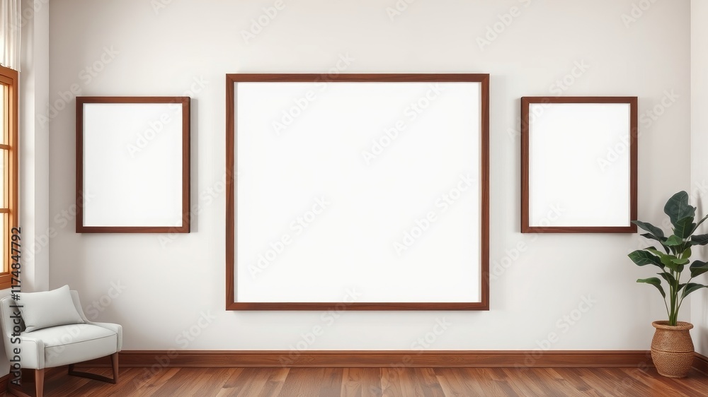 Modern minimalist interior with three empty wooden frames and a comfortable armchair Modern minimalist interior with three empty wooden frames and a comfortable armchair