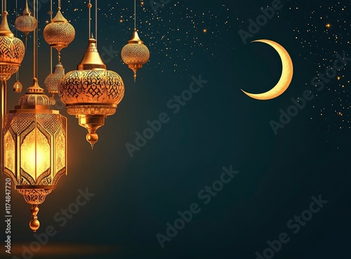 Ramadan background, with ample copy space for text and graphics, night sky view with crescent moon, traditional lantern glowing softly in the foreground, capturing an atmosphere of serenity and spirit photo