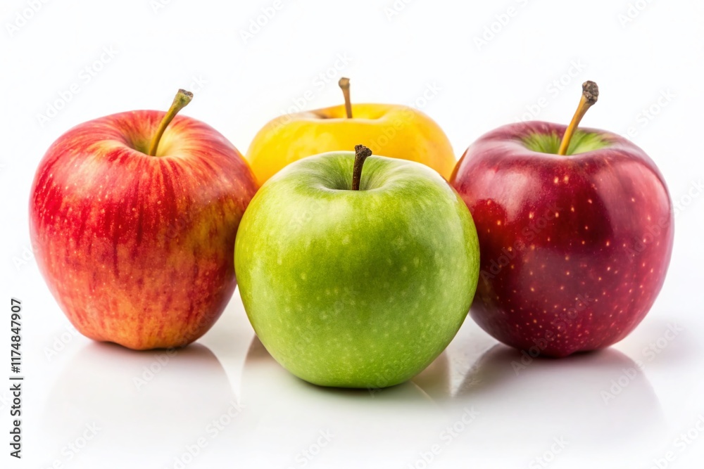 Four Colorful Apples Isolated on White Background - Red, Green, Yellow, and Pink Varieties Four Colorful Apples Isolated on White Background - Red, Green, Yellow, and Pink Varieties