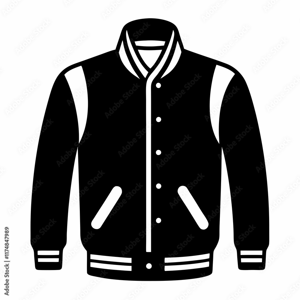 Simple Varsity Jacket Black Silhouette Vector on White Background Simple Varsity Jacket Black Silhouette Vector on White Background