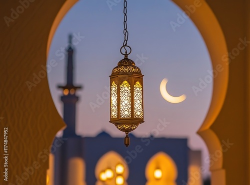 Ramadan background, with ample copy space for text and graphics, night sky view with crescent moon, traditional lantern glowing softly in the foreground, capturing an atmosphere of serenity and spirit photo