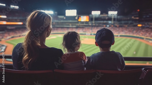 A mother and two children watching a baseball game at night from a stadium seat.