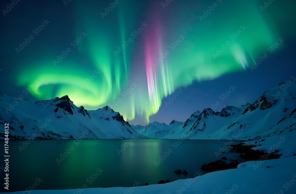 The breathtaking aurora borealis is brilliantly shining majestically over the serene mountains and a tranquil lake nearby, creating a stunning view