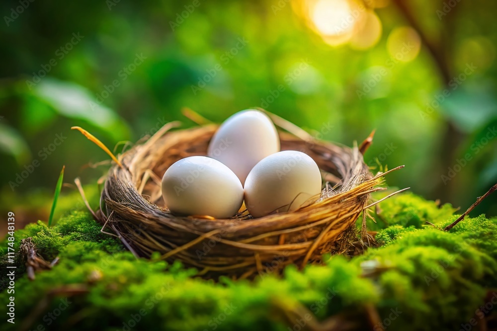 Four Tiny White Bird Eggs Nestled in Nature - Stock Photo Four Tiny White Bird Eggs Nestled in Nature - Stock Photo