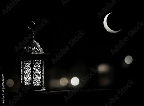 Ramadan background, with ample copy space for text and graphics, Islamic lantern floating in the clouds during Ramadan with a crescent moon above casting light on mosque spires. A magical scene symbol photo