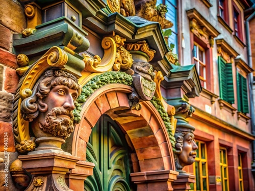 Freiburg Martinstor Gate Macro Detail, Architectural Stonework Close-up, Germany photo