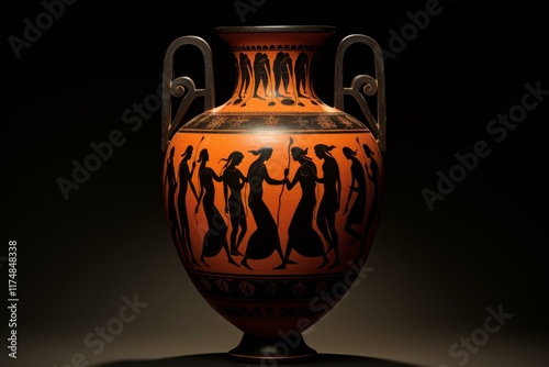 Ancient greek terracotta vase depicting women holding hands in traditional ceremony photo