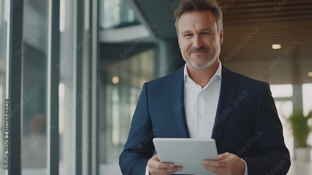 A content middle aged CEO stands in a bright, contemporary office, holding a tablet and exuding confidence A content middle aged CEO stands in a bright, contemporary office, holding a tablet and exuding confidence