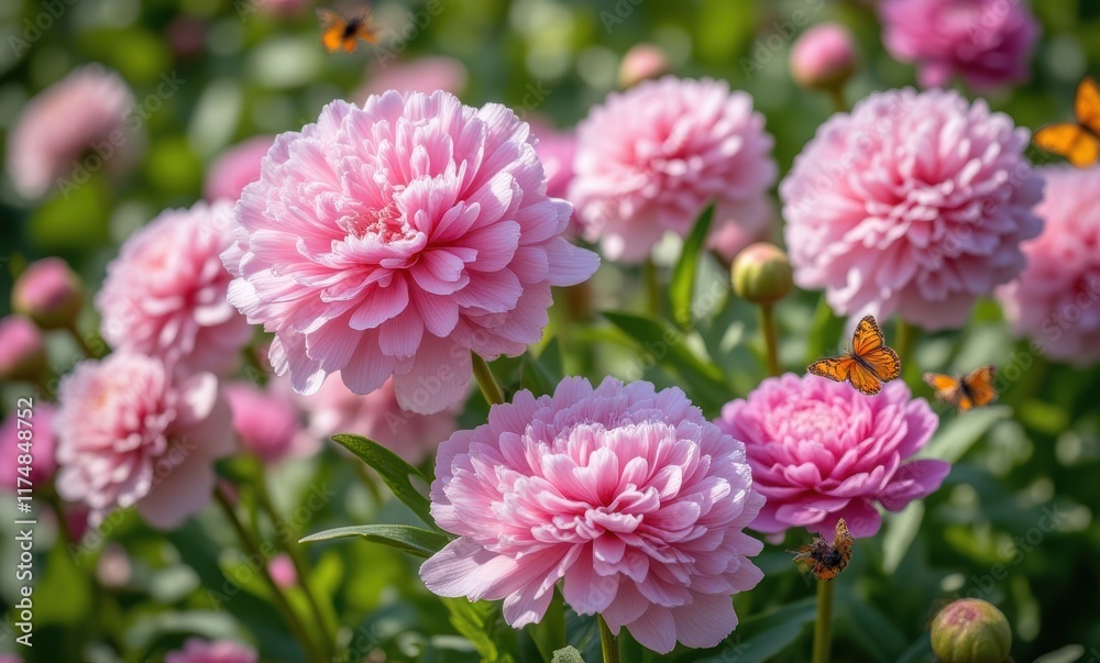 Vibrant pink peonies attracting butterflies Vibrant pink peonies attracting butterflies
